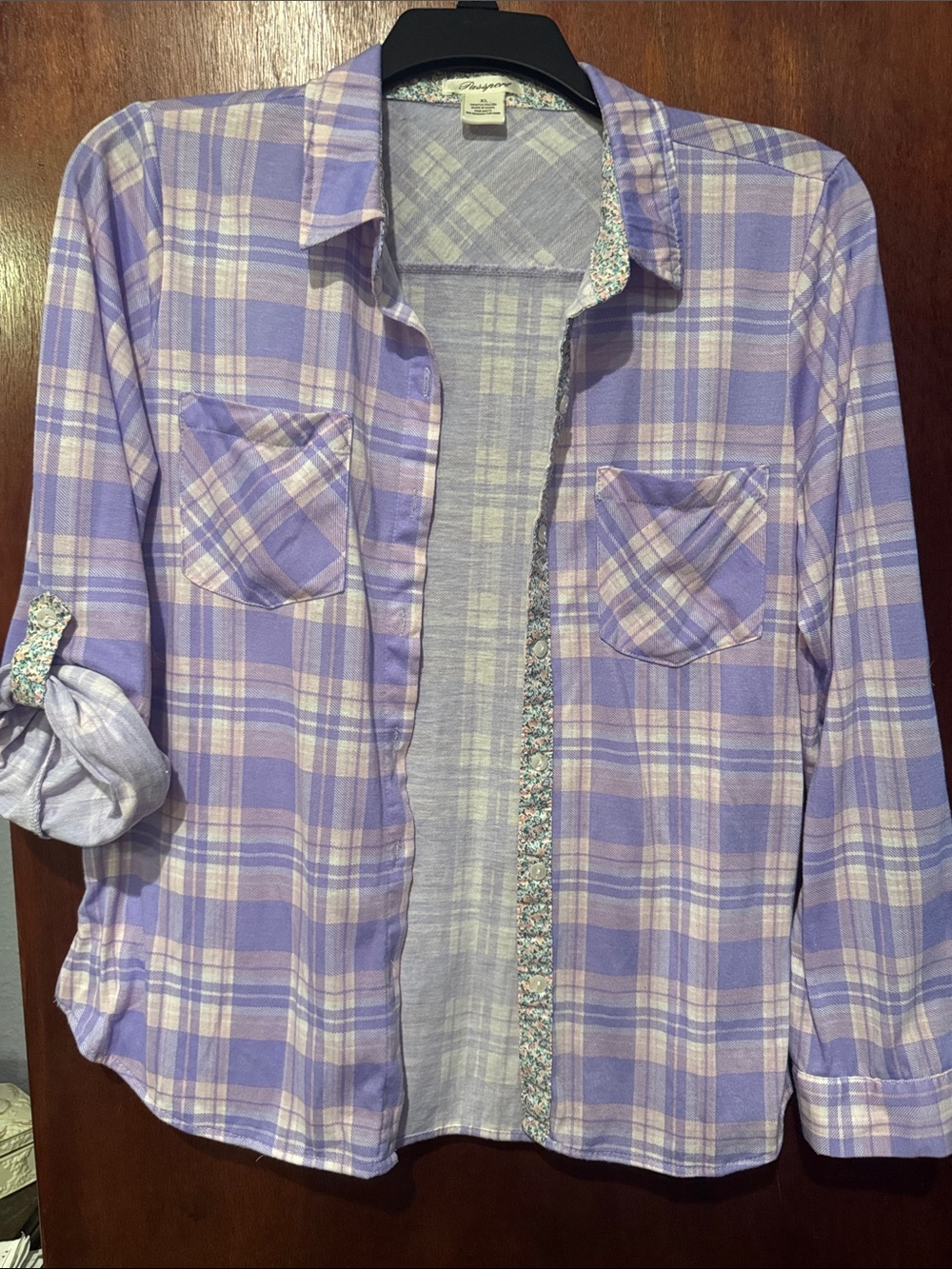 Passport Brand 100% polyester  Lavender Plaid Button-Up Shirt